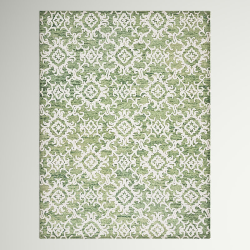 Arieah Damask Handmade Tufted Wool Green/White Area Rug, Rectangle 9' x 12'