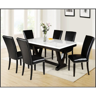 Modern White Faux Marble & Black Dining Room Table with V-Shape Trestle Base, Stylish and Durable Furniture