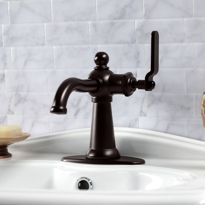 Kingston Brass Knight Single-Handle 1-Hole Deck Mount Bathroom Faucet with Push Pop-Up and Deck Plate, Lever Handle, Black