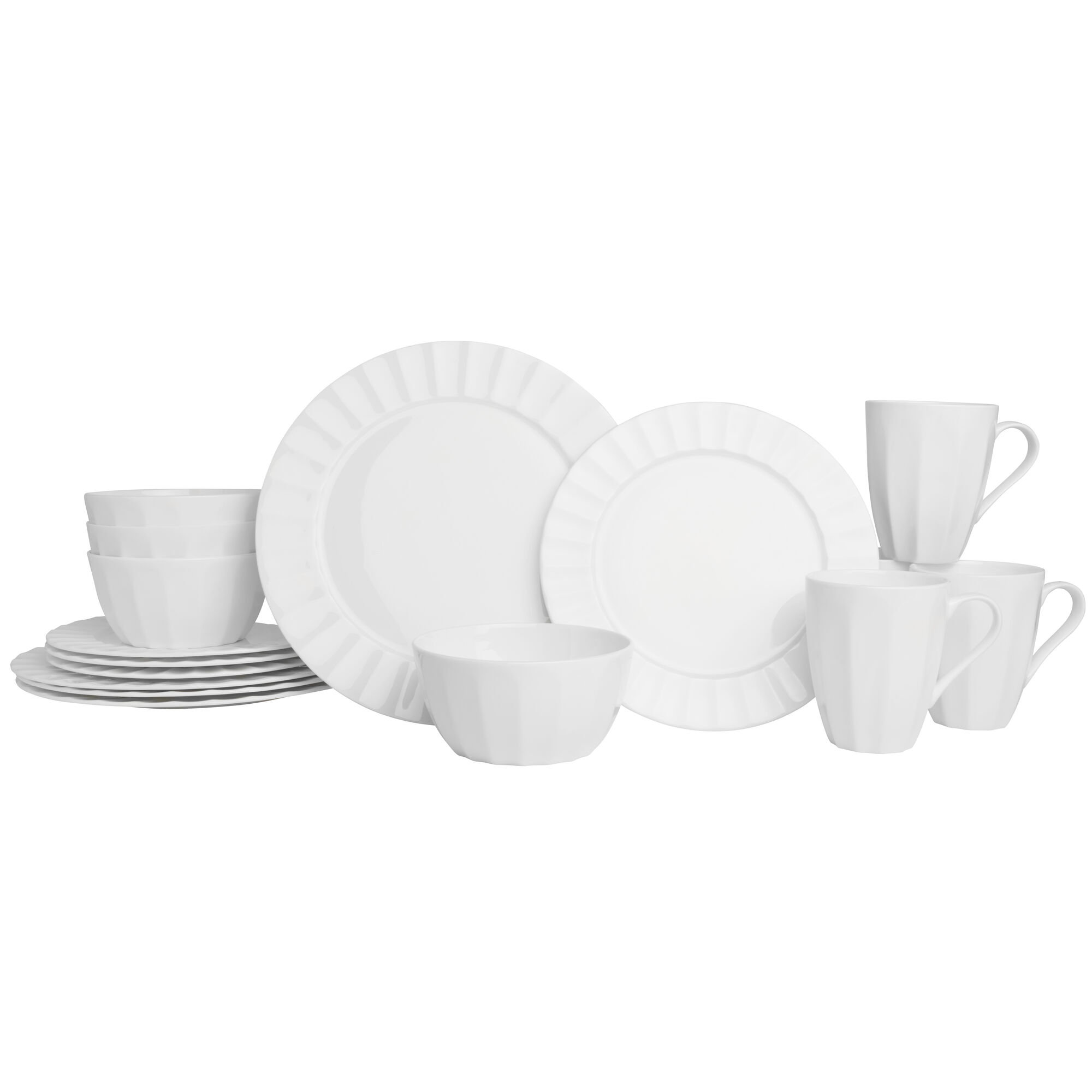 Fitz and Floyd Nevaeh White Fluted 16Piece ChipResistant Bone China Dinnerware Set, Service