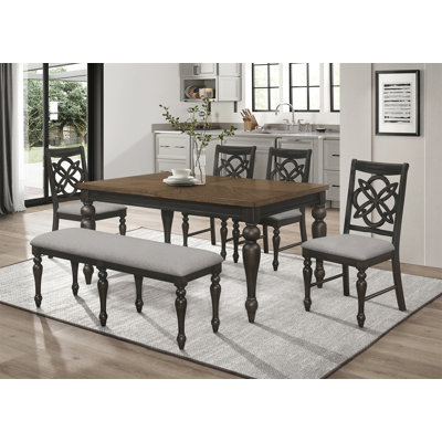 Brown/Gray Finish Rectangular Extendable Table Top 18"" Leaf Upholstered Seats Chair Bench Wooden Dining Room Furniture 6Pc Set 36D1D0B971DD476EAAA5608 -  Darby Home Co, 36D1D0B971DD476EAAA5608AFB2AF531