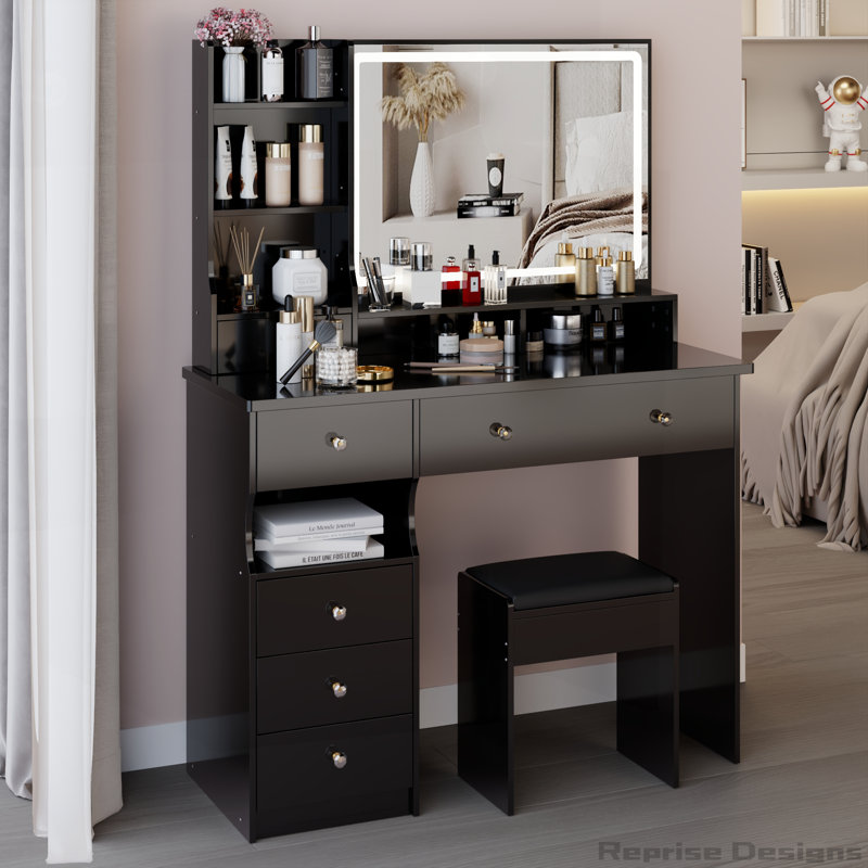 Ensemble de meuble-lavabo de 41 po avec tabouret rembourré et miroir à DEL tactile de 41 po, Noir
