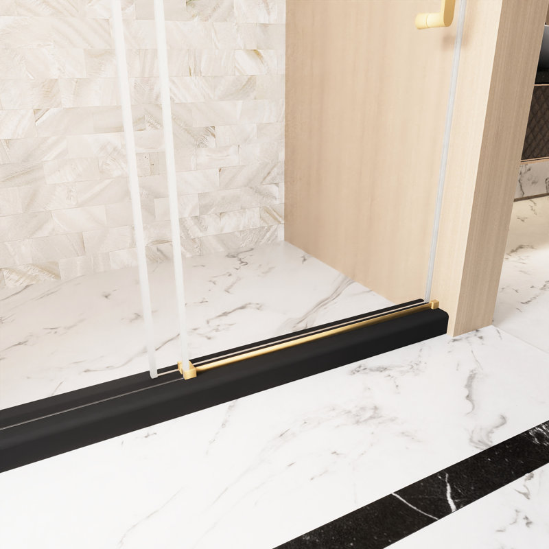Single Sliding Shower Door With 1/4" (6 Mm) Clear Tempered Glass, Proof Film, Stainless Steel Handle And Square Tube Track, Brushed Gold, American Style For Bathroom, Large Wheels Smooth Easy