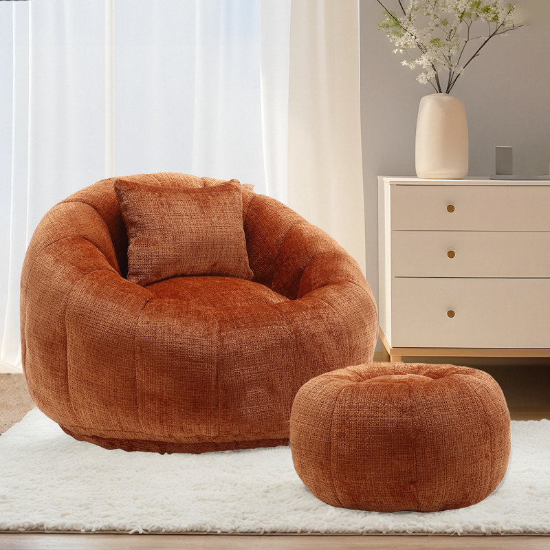 Watban 41.3'' Wide Tufted Chenille Compression Barrel Accent Chair and Ottoman, Orange Chenille