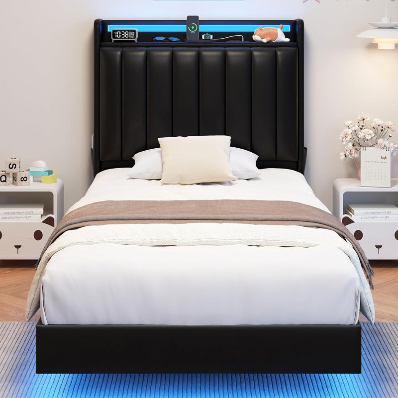 Floating LED Bed Frame With Hidden Storage Headboard, RGB Light, USB-C Charging Station, PU Leather Platform No Box Spring Needed