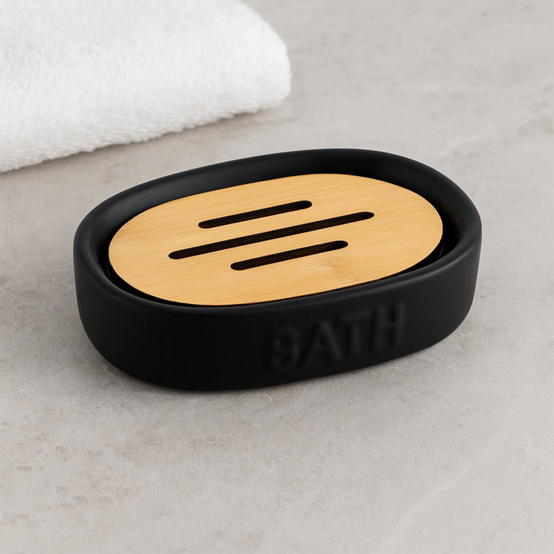 Distributeur de savon à vaisselle avec plateau en bambou Bath D Dolomite, Noir / bambou