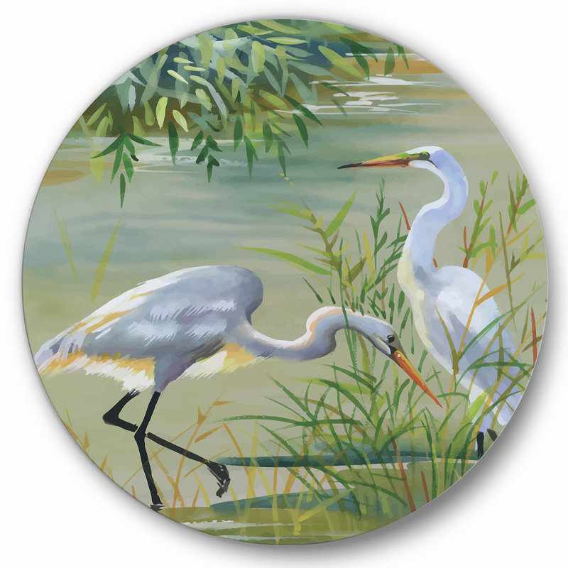 Heron oiseaux I - art mural traditionnel cercle en métal, H 36 po x l 36 po x P 1 po