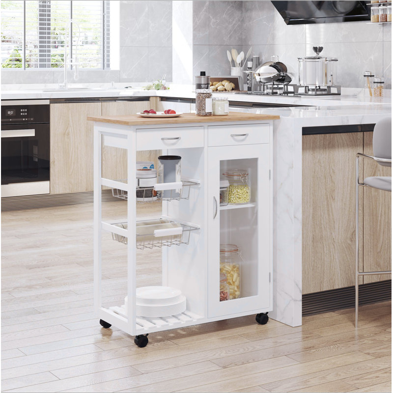 Îlot de cuisine 28 po avec rangement, chariot de cuisine avec plateau en bambou massif, panier grillagé, armoire de porte et tiroirs