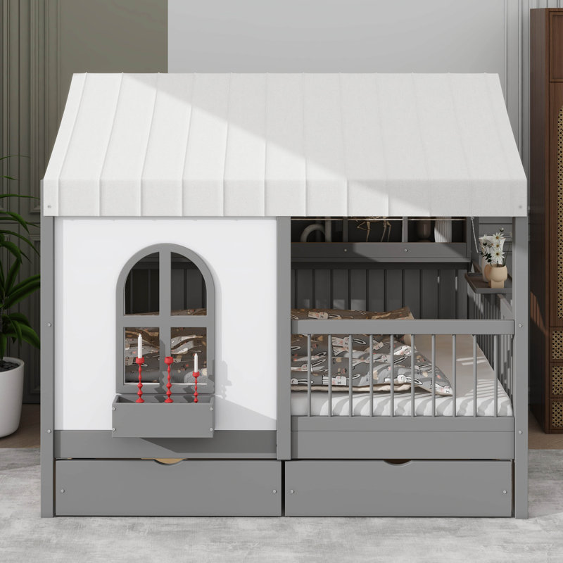 Lit double de style maison avec bibliothèque latérale et bande à DEL, structure de lit de maison de jeu avec garde-corps surélevés