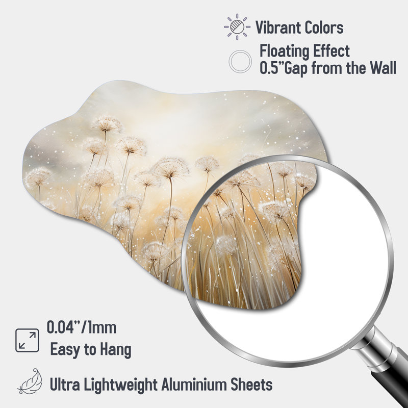 Pissenlit champ brise - beige, art mural asymétrique en métal, nuage traditionnel, H 28 po x l 25 po