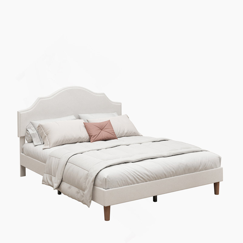 Lit plateforme tapissier grand format avec tête de lit réglable, rembourré en tissu de lin, lit plateforme simple de style moderne sans sommier, facile à assembler, blanc