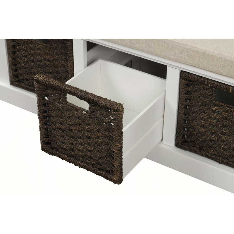Banc de rangement rustique avec 3 paniers en rotin classiques amovibles, banc de rangement pour hall d'entrée avec coussin amovible (blanc)