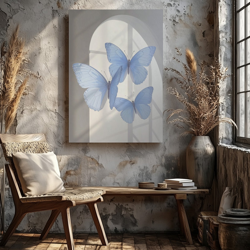 Art mural, composition minimaliste de quatre papillons bleus clairs disposés en rangées contre une toile, H 12 po x l 9 po