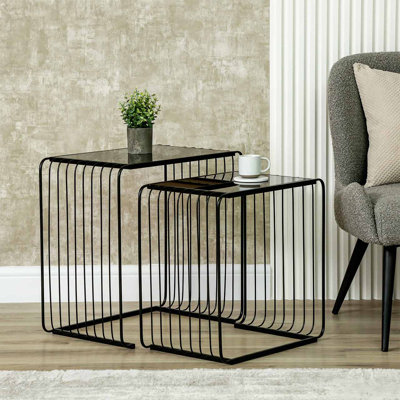 Cyani Metal Black Nesting Table For Living Room Furniture, Nest of Tables with Glass Top, End Table