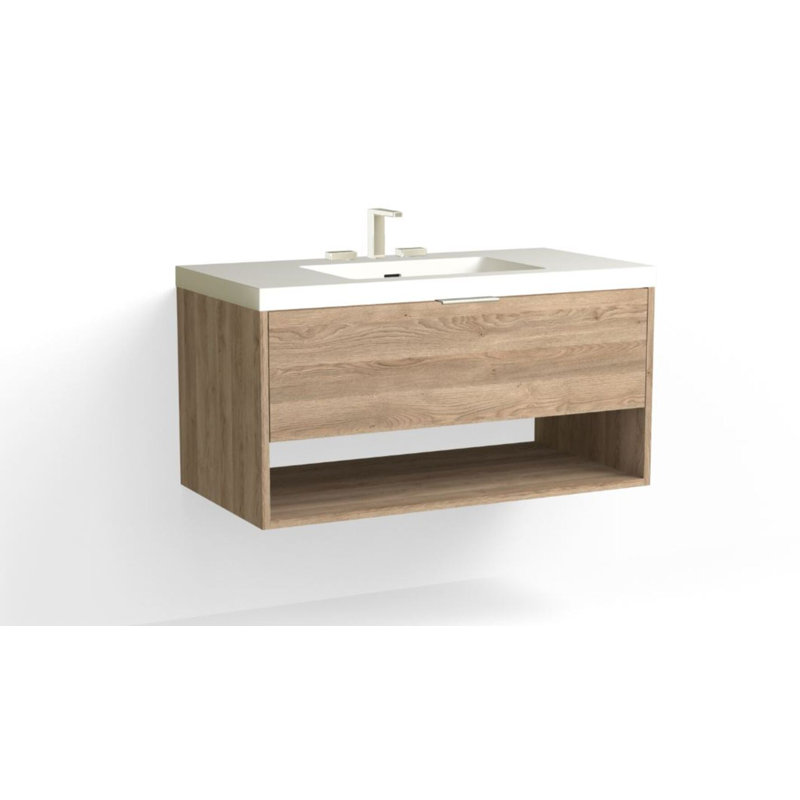 Modo 42" W Wall Mounted Single Bathroom Vanity, Matte White/8" Widespread, Polished Nickel, Biondo