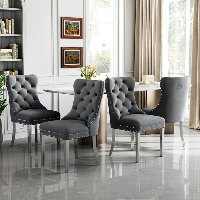 Modern Velvet Dining Chairs With Nailhead Trim And Stainless Steel Base (Set Of 6), Gray, 6, Gold