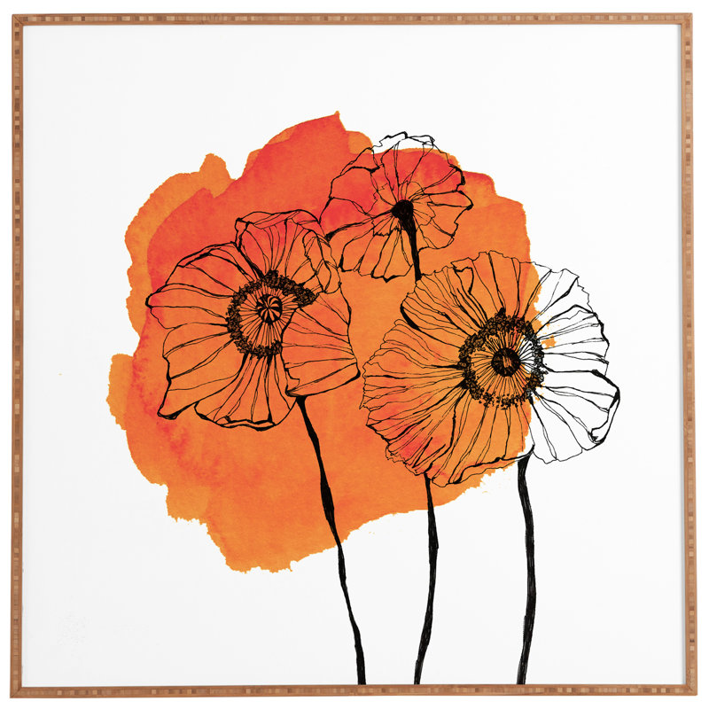 " Orange Poppies " by Morgan Kendall, 12" H x 12" W x 1" D, Brown Frame