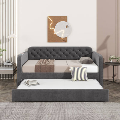 Lit de jour rembourré avec lit gigogne et conception de chargement USB, cadre de lit de jour rembourré en velours, canapé-lit pour la chambre à coucher du salon, aucun sommier nécessaire, tissu de velours moelleux