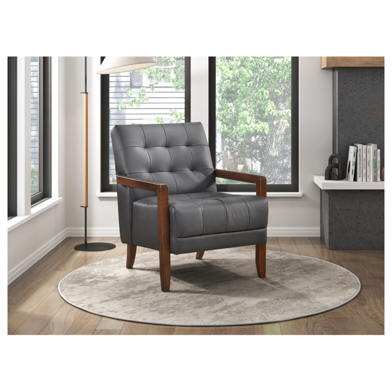 Méridienne moderne en cuir capitonné gris avec structure en bois de noyer, mobilier de salon contemporain