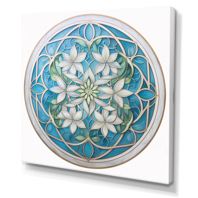Mandala de fleurs rétro turquoise et blanc sur toile, H 30 po x l 30 po x P 1 po, Toile tendue