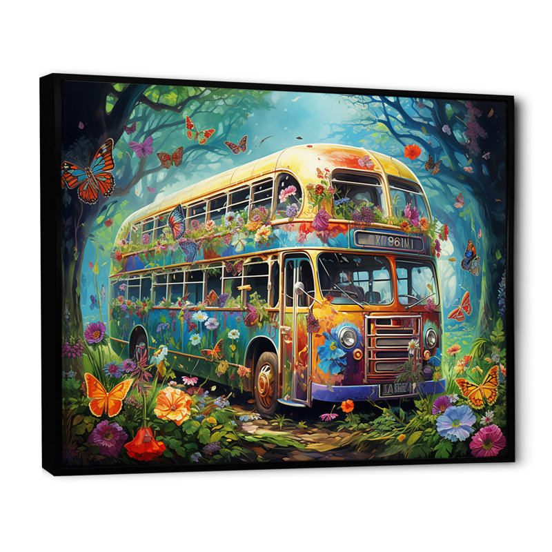 Magic Hippie Bus In The Flower Forest sur toile, H 16 po x l 32 po x P 1 po, Cadre flottant noir
