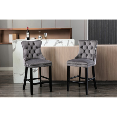 Stylish Velvet With Wooden Legs, High Elasticity Foam Cushion - Of 2  Gray Upholstered Handmade Details, , Solid Wood Density Cushion, 2, Gray