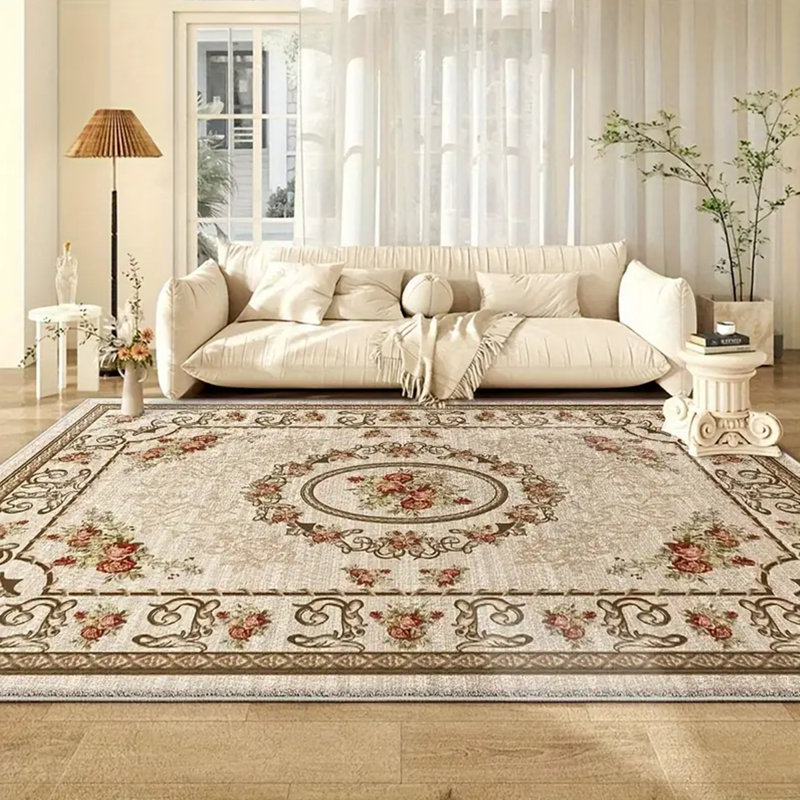 Contemporary Floral Medallion Area Rug with Non-Slip Backing, Thick Washable Polyester Carpet, 70.8x 106.3 inch