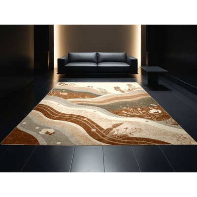Soft Plush Ristaino Mountain Geology Layers Classic Floral Area Rug in Beige – Beige Binding