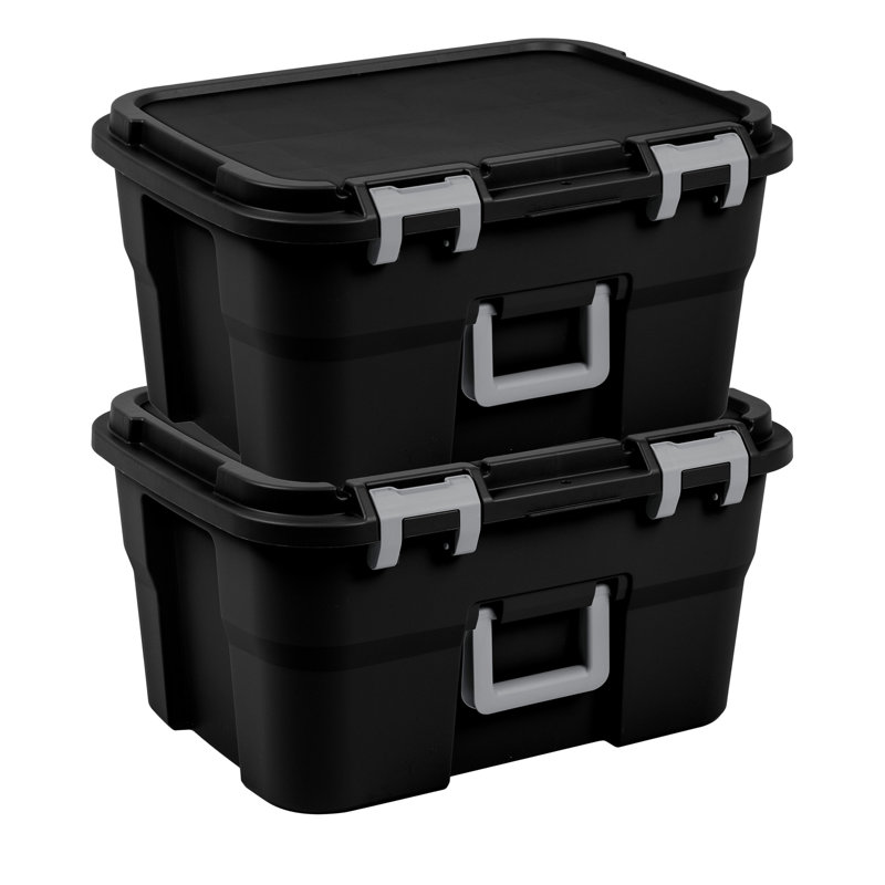 Sterilite Footlocker, 14 Gal Plastic Storage Container with Lid, Black, 2 Pack