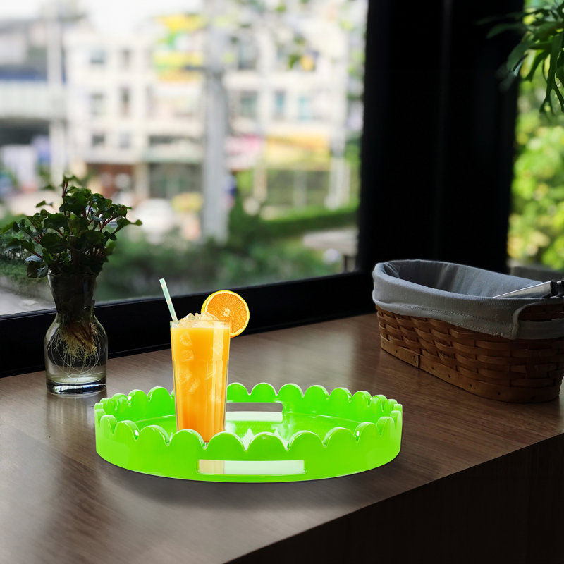 Effa Hand-Crafted Round Scalloped Wood Tray, Green