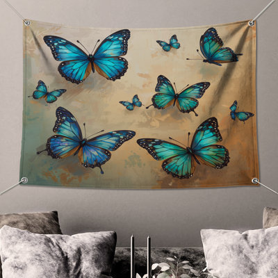 Tapisserie murale «Blue Orange Butterflies» - Décoration murale papillons