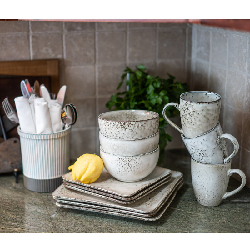 Rustico Cream Glazed Ceramic Square Dinnerware Set, Service for 4