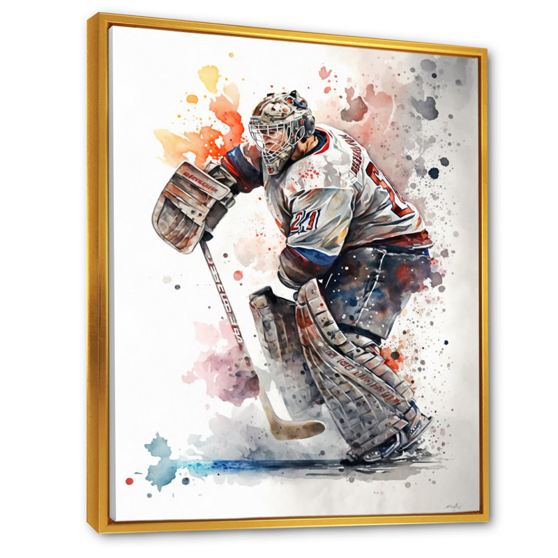 Hockey sur gazon sur glace pendant le match II - Impression sur toile, H 20 po x l 12 po x P 1 po, Cadre flottant doré