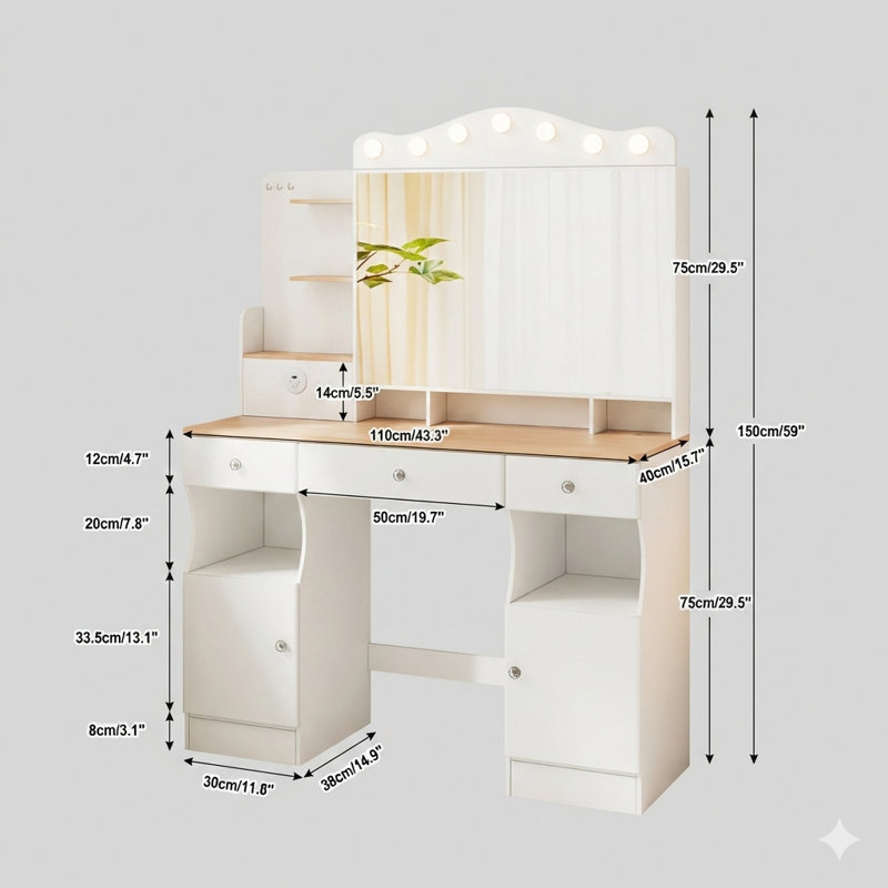 Bureau de coiffeuse avec miroir et lumières. Ce meuble-lavabo comprend une barrette d'alimentation USB à 2 ports. L'ensemble de coiffeuse se compose de trois tiroirs et de deux armoires, comporte sept lumières avec trois options de couleur et possède un miroir pliable à trois côtés, en blanc.