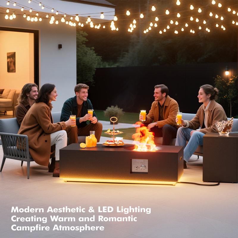 12.6’’ H X 48’’ W Metal Propane Outdoor Gas Fire Pit Table With Golden Light, Black