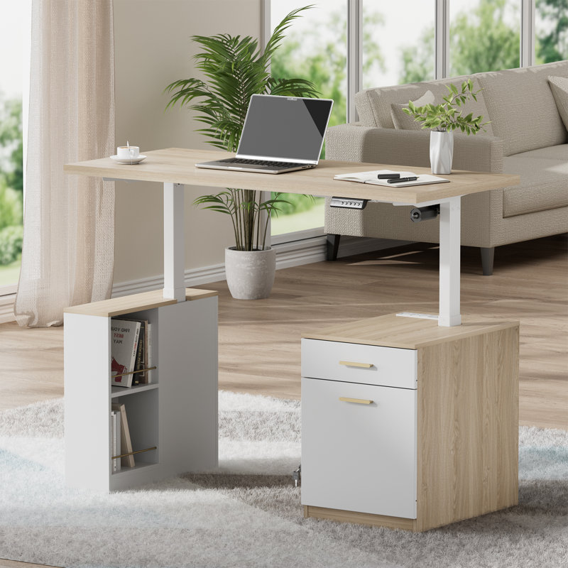 Bureau debout électrique à hauteur ajustable de 53 po avec 2 tiroirs et rangement ouvert, charge intégrée, panneau d'intimité - Bureau de direction pour bureau personnel