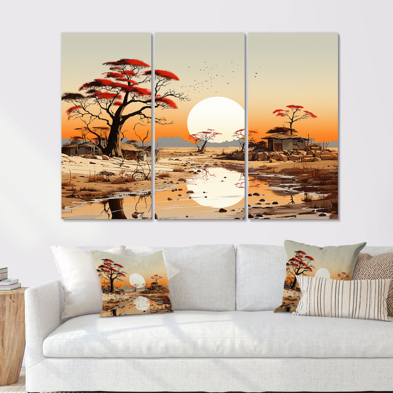 Coucher de soleil africain, ensemble de salon art mural africain, H 32 po x l 48 po x P 1 po