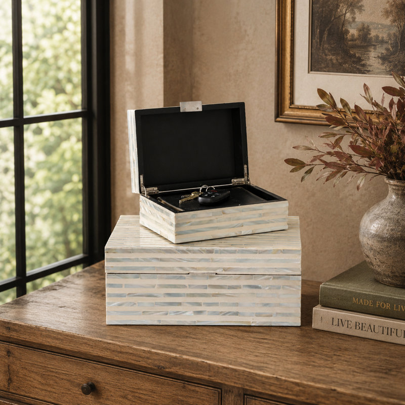 Juliette 2 Piece Mother of Pearl Handmade Box with Hinged Lid Set, 12", 8"W, Distressed  White