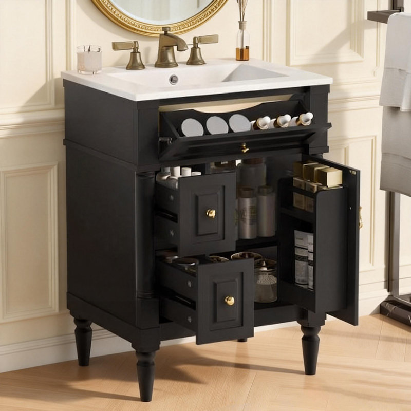 Meuble-lavabo autoportant de 24 po avec lavabo, armoire noire, tiroir rabattable, tablette réglable et poignées en métal