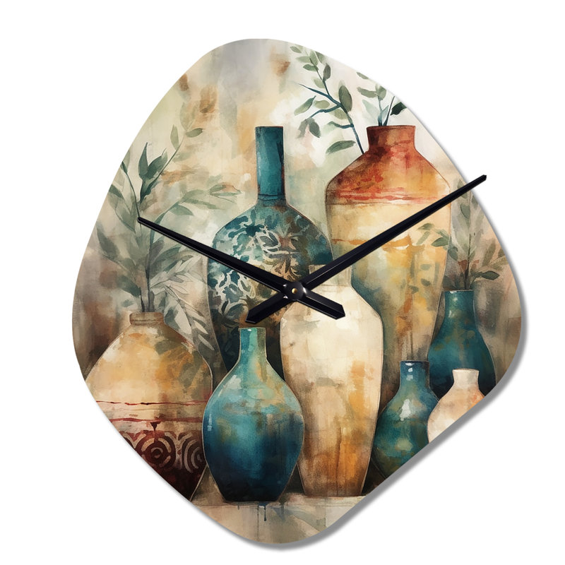 Horloge murale traditionnelle verte et orange Boho Pottery I - forme irrégulière, Petit