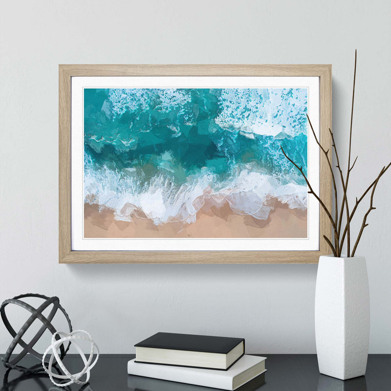 The Turquoise Ocean upon the Beach in Abstract - Picture Frame Graphic Art Print, 50cm H x 76cm W x 2cm D, Oak