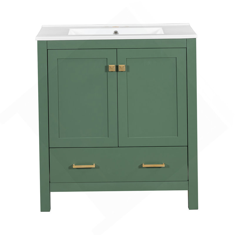 Meuble-lavabo vert 30 po avec lavabo simple, meuble-lavabo sous le comptoir, armoire de rangement pour la salle de bain avec 2 portes et un tiroir, fermeture en douceur, rangement multifonctionnel, structure en bois massif