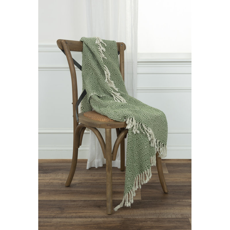 Green and Natural Cotton Geometric Throw Blanket with Fringe