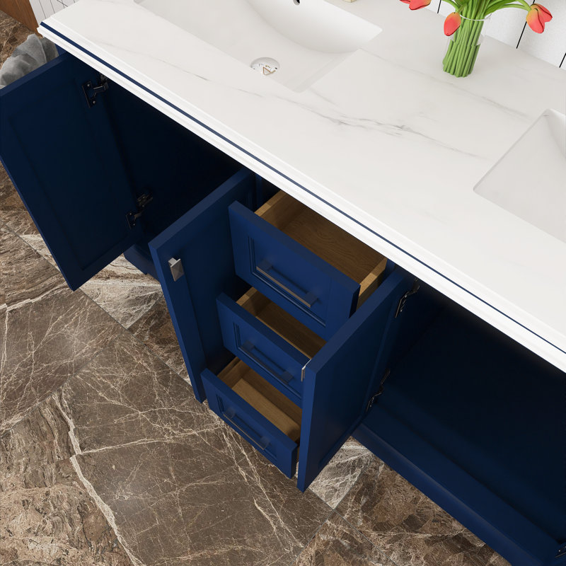 Ensemble de meuble-lavabo autoportant 60 po avec plateau en pierre d'ingénierie Marjina, Bleu, Or