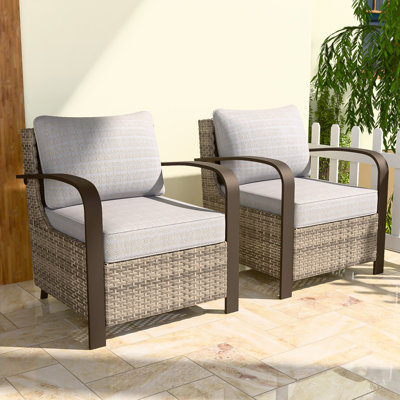 Patio Brown Wicker Lounge Chair, Metal Curved Armrest, Cushion (Set of 2)