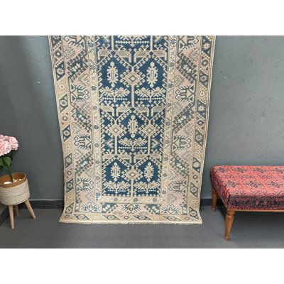 Tapis bleu classique en patchwork de laine 48 po x 78,7 po