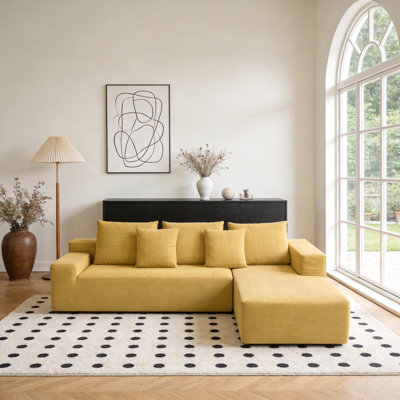 L-Shaped Corduroy Sofa With Chaise – Yellow Frameless Floor Couch, 102.36" X 66.93", Includes Pillows – Ideal For Living Room