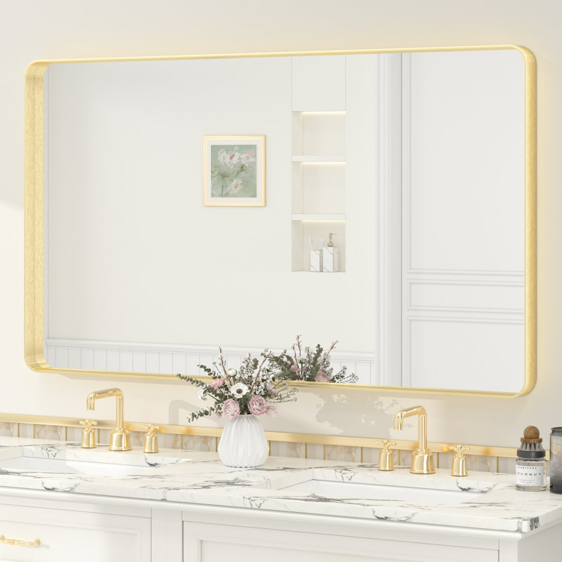 Molly Tempered Glass and Metal Framed French Cleat Mounted Wall Bathroom / Vanity Mirror, 51" x 30", Gold