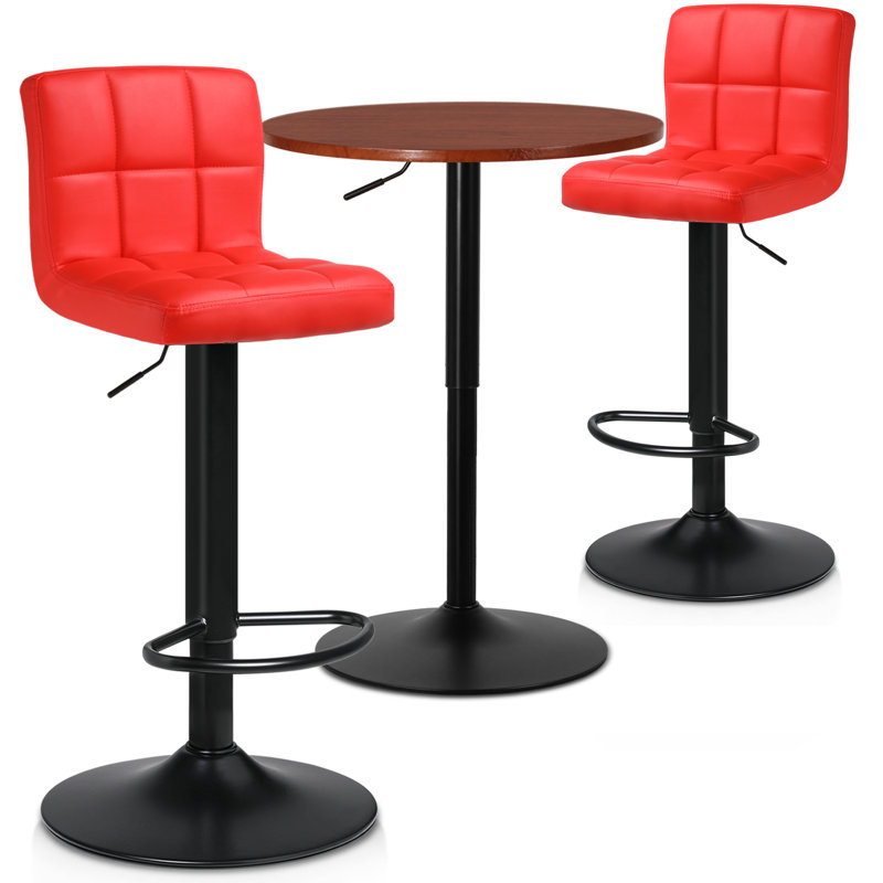 Yensid Bar Dining and 2 Piece Chair Set, Round Adjustable Height Table and PU Leather Bar Stools, 36"H x 23.5"L x 23.5"W, Red