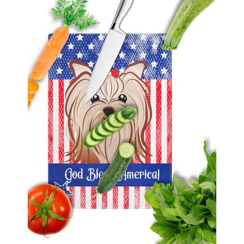 Caroline's Treasures Tempered Glass God Bless American Flag Cutting Board, Yorkie Yorkishire Terrier